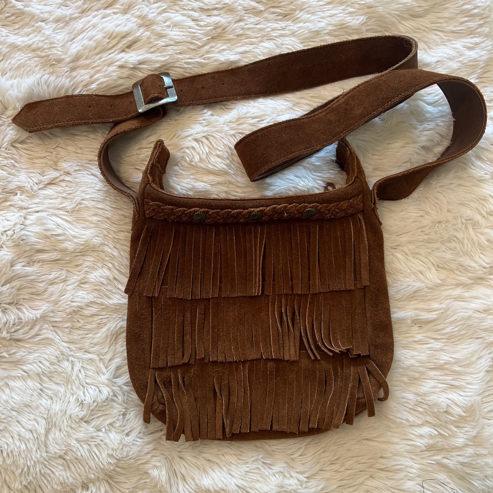 Brown Fringe Suede Leather Crossbody Bag